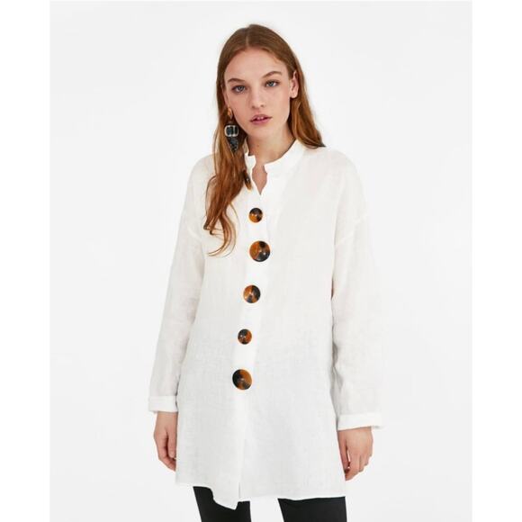 Zara 100% Linen Tunic, Long Sleeves, Big Buttons, Long Shirt, Women's Size S - Picture 1 of 8